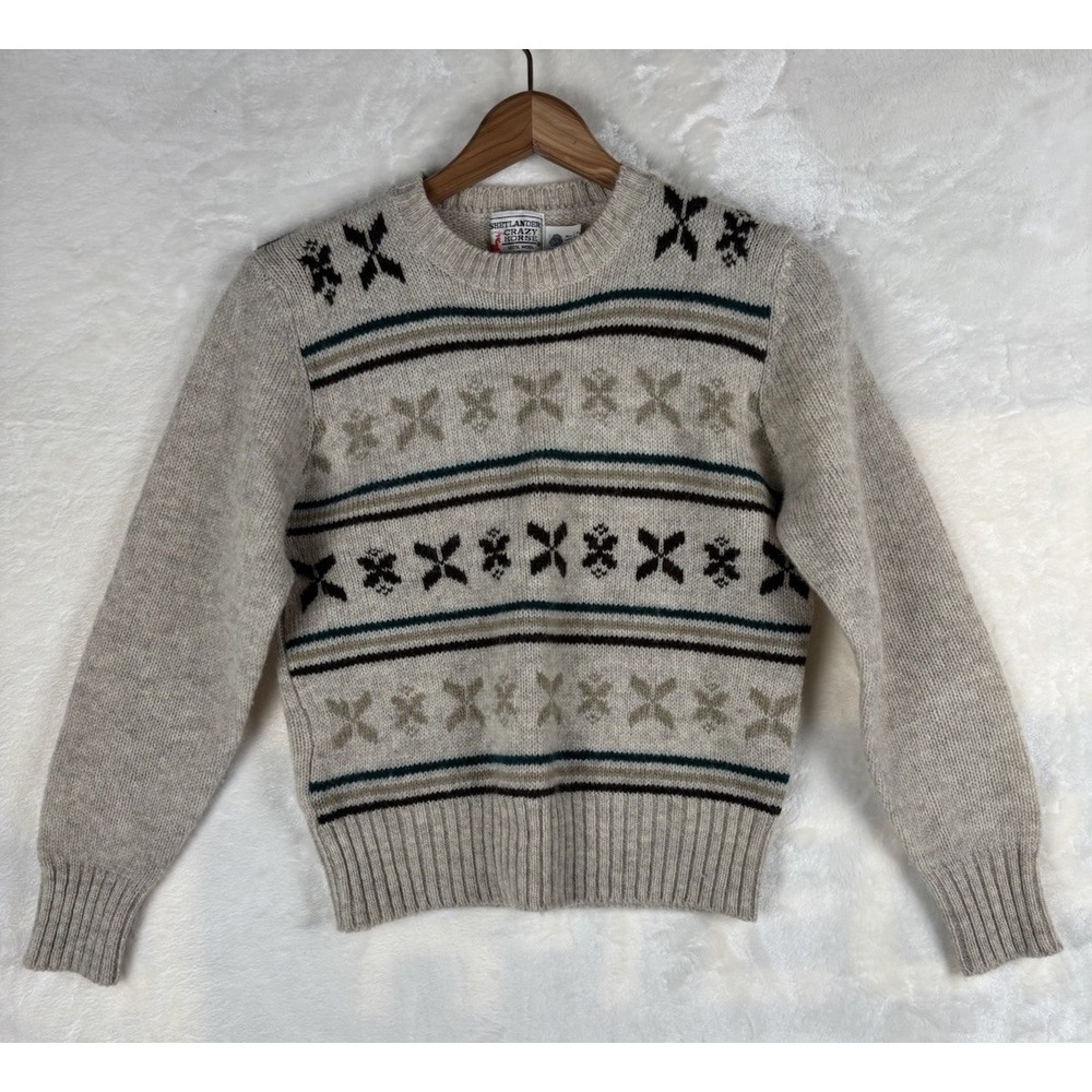 VTG Shetland Crazy Horse Boys Sweater‎ Wool Youth S/M Knit Fair Isle Preppy 70s